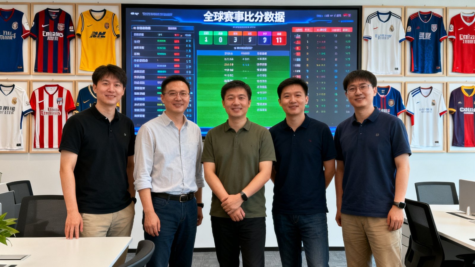 足球吧创始团队在办公室的合影：五位创始成员站在挂满各队球衣的会议室内，背景墙上的大屏幕实时显示全球赛事比分数据，氛围轻松而专业